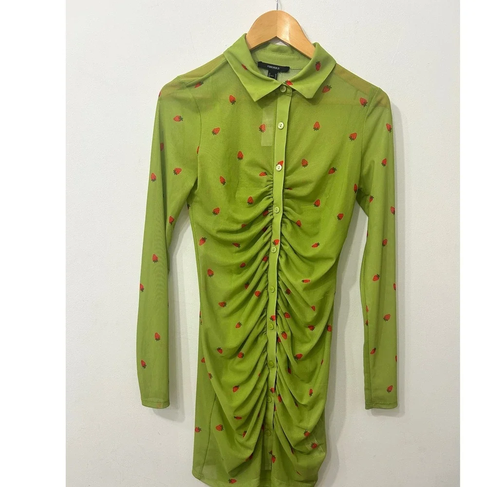 Forever 21 Strawberry Print Ruched Mesh Mini Dress Green Long Sleeve Medium NWT